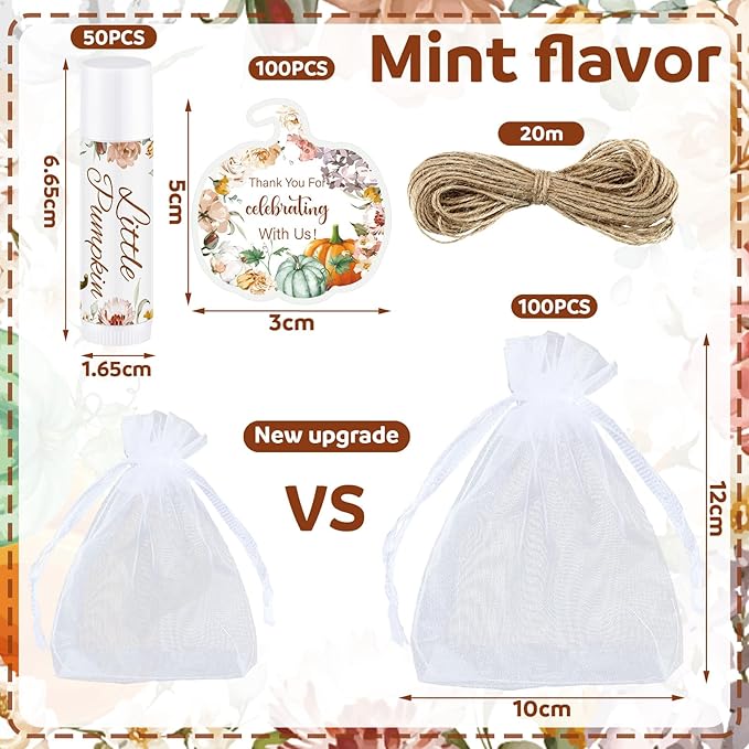 Demissle 50 Pcs Baby Shower Lip Balm Gift Set with 100 Pcs Organza Bags Baby Shower Party Favor for Guest Thank You Tag Rope Baby Shower Party Decoration Gender Reveal Souvenirs (Pumpkin and Flowers)