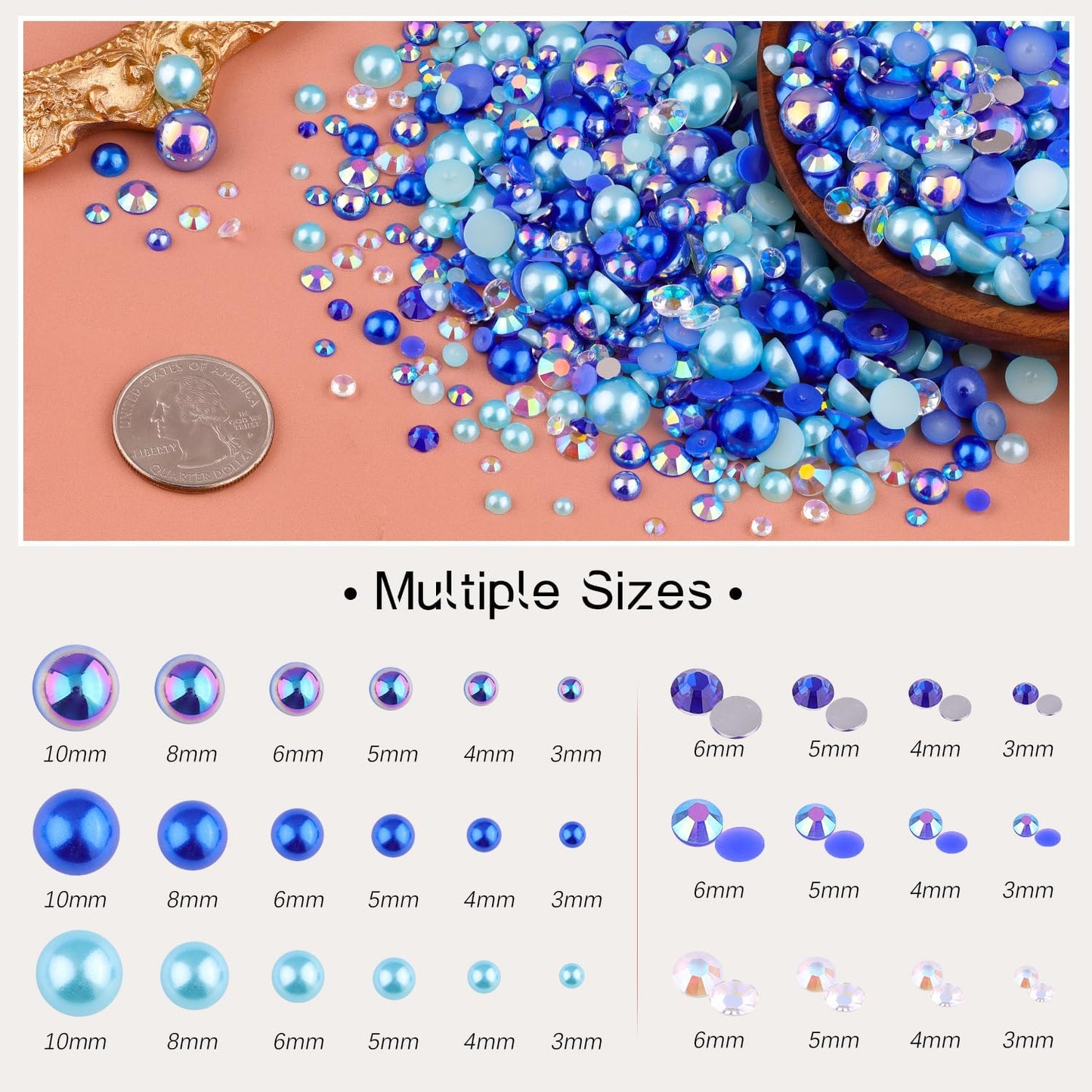 80g Flatback Pearls and Rhinestones for Crafting, Dark Blue 3-10mm Resin Rhinestones and Half Pearls for Bedazzling, Nail Art and Dec with 3pcs 10ml B7000 Jewelry Glue, Tweezer and Pickup Pencil