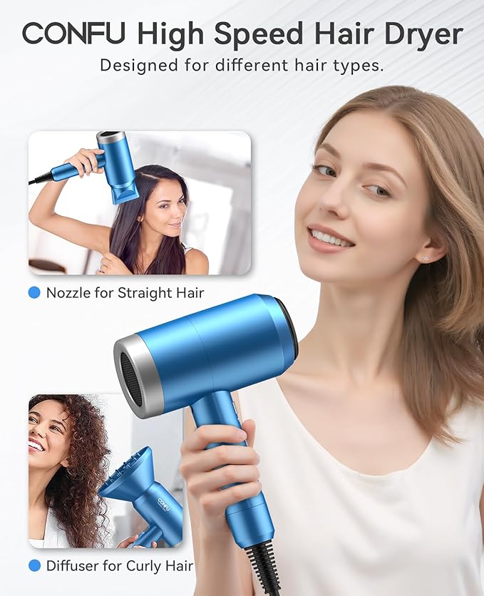 Hair Dryer, CONFU Hair Dryer with Diffuser, 21000PRM Professional Hairdryer, Portable Lightweight Fast Drying Negative Ionic Blow Dryer, Hair Diffuser for Curly Hair for Home Travel