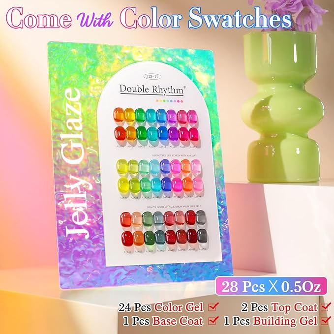 Double Rhythm 28Pcs 0.5Oz Gel Nail Polish Set Same Color Same Bottle Soak Off Gel Polish Kit Nail Art Manicure Salon DIY at Home for Women (Neon Jelly Sheer Collection-T24-11)