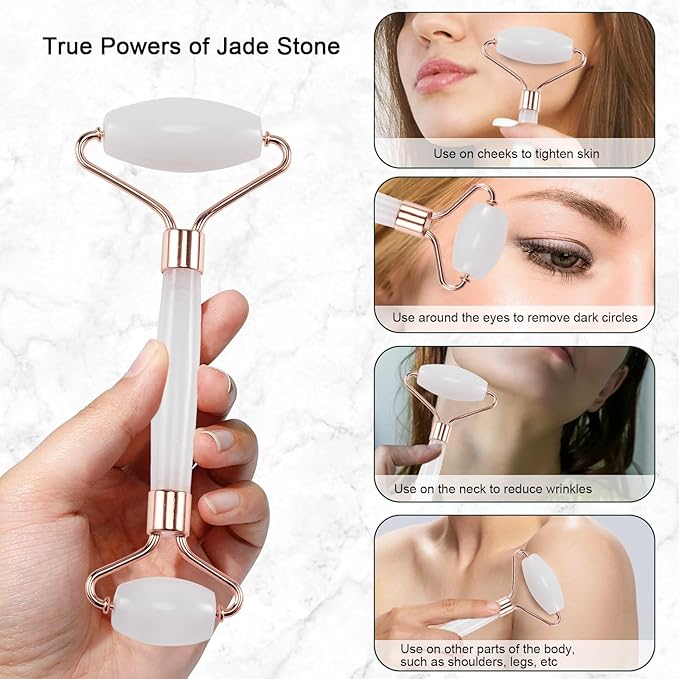Jade Roller for Face, Facial Roller Massager Skin Care Tool, Gua Sha Facial Tools for Face, Neck, Eyes, Reduce Puffiness of The Skin - White