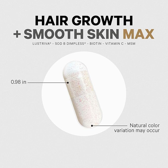Codeage Hair Growth + Smooth Skin Max Vitamins Supplement - Patented Lustriva & SOD B Dimpless Superoxide Dismutase - Hair Growth Health Skin Cellulite Support - Biotin, Vitamin C, MSM - 30 Capsules