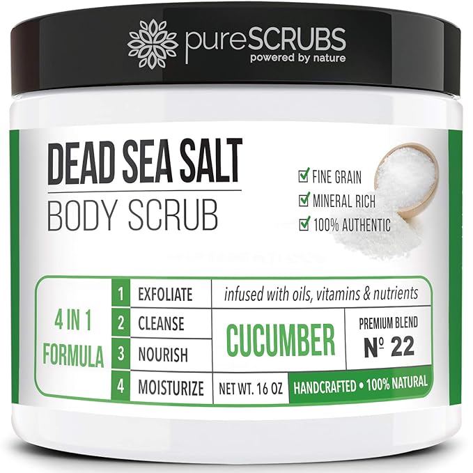 pureSCRUBS Premium Cucumber Body Scrub Set - Large 16oz Dead Sea Salt Body Scrub for Women Exfoliation KP Bump Eraser Body Scrub Includes Wooden Spoon, Loofah & Soap