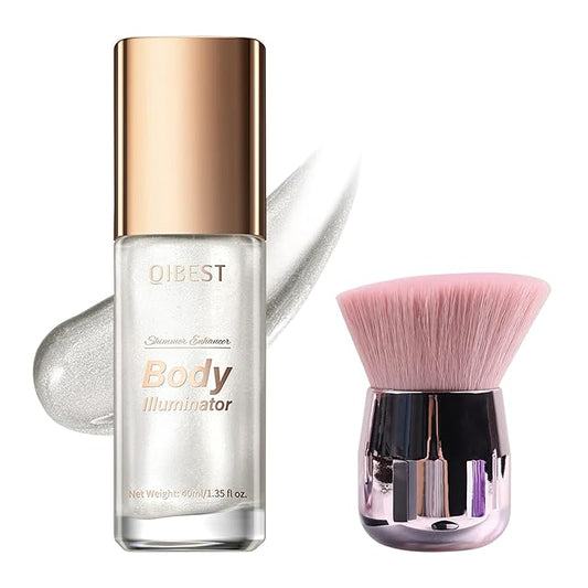 40ml Body Shimmer Oil,Face and Body Liquid Luminizer,Smooth Body Shimmer Oil For Sunshine Bath, Waterproof Moisturizing Light Shimmer Glow Illuminator,Liquid Highlighter Makeup,Makeup Brush Include (1#-Silver)