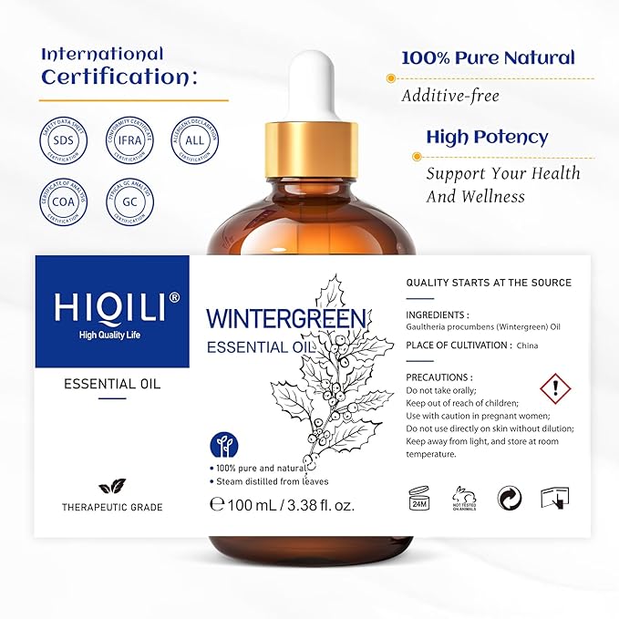 HIQILI Wintergreen Essential Oil,100% Pure Natural,for Diffuser-Inhalation Therapy - 3.38 Fl Oz