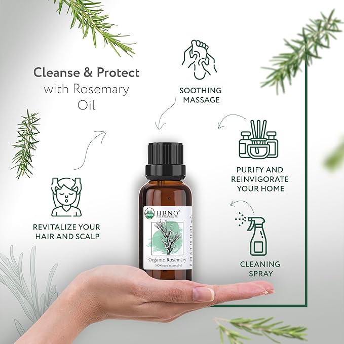 HBNO California Bottled Organic Rosemary Essential Oil 1 fl oz (30ml) - USDA Certified Organic Rosemary Essential Oil for Aromatherapy, Soap Making, DIY, Fragrances, Diffuser