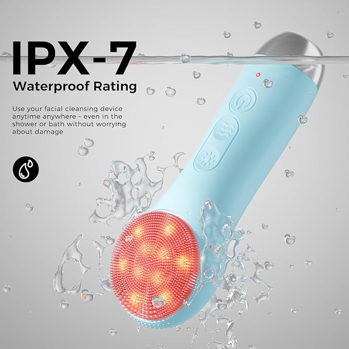 Facial Cleansing Brush: Rechargeable LED Electric Face Cleansing Brush with 4 Gentle Light Liquid Silicone Modes Face Scrubber Exfoliator,IPX7 Waterproof Ideal Gift for Men and Women-Blue