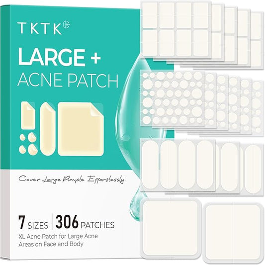 Large Acne Patches for Face, 7 Sizes Big Pimple Patches, XL Hydrocolloid Bandages for Body, Chin, Forehead, Nose, Back Blemish Zit Breakouts, Hydrocolloid Patch (Square, Strip, Dot 306 Count)