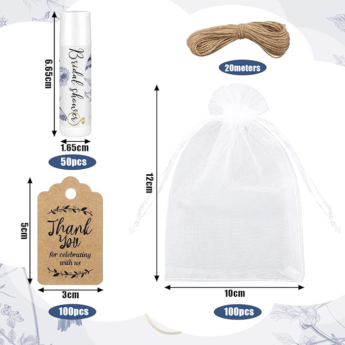 Demissle 50 Pcs Bridal Shower Lip Balm Gift Set with 100 Pcs Organza Bags Thank You Tags 20 Meters Rope wedding Party Favor for Guest Favors Gift Party Decoration Souvenirs(Vintage Flower)