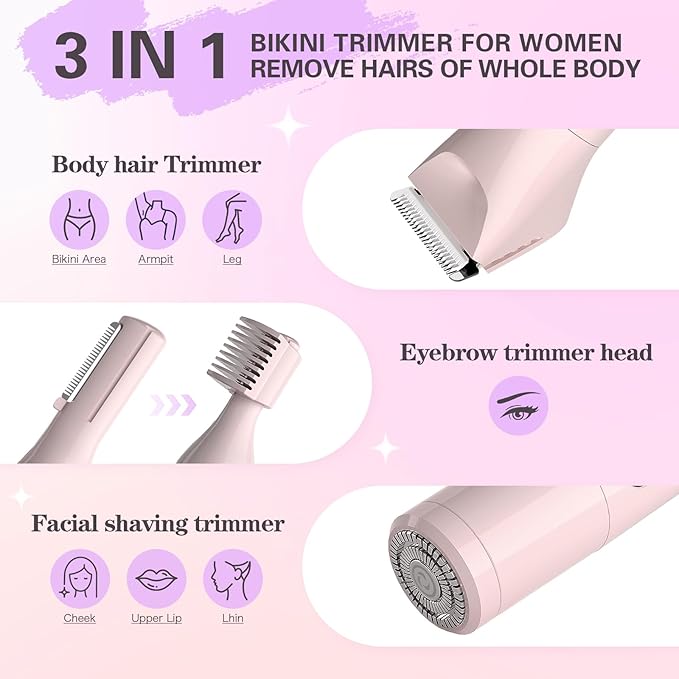 Women Bikini Trimmer - 3 in 1 Easy Cleaning Electric Razors for Women, 5V Rechargeable Pubic Hair Bikini Shaver, Waterproof Wet Dry Hair Remover & Trimmer for Underarm Leg Arm Body Face