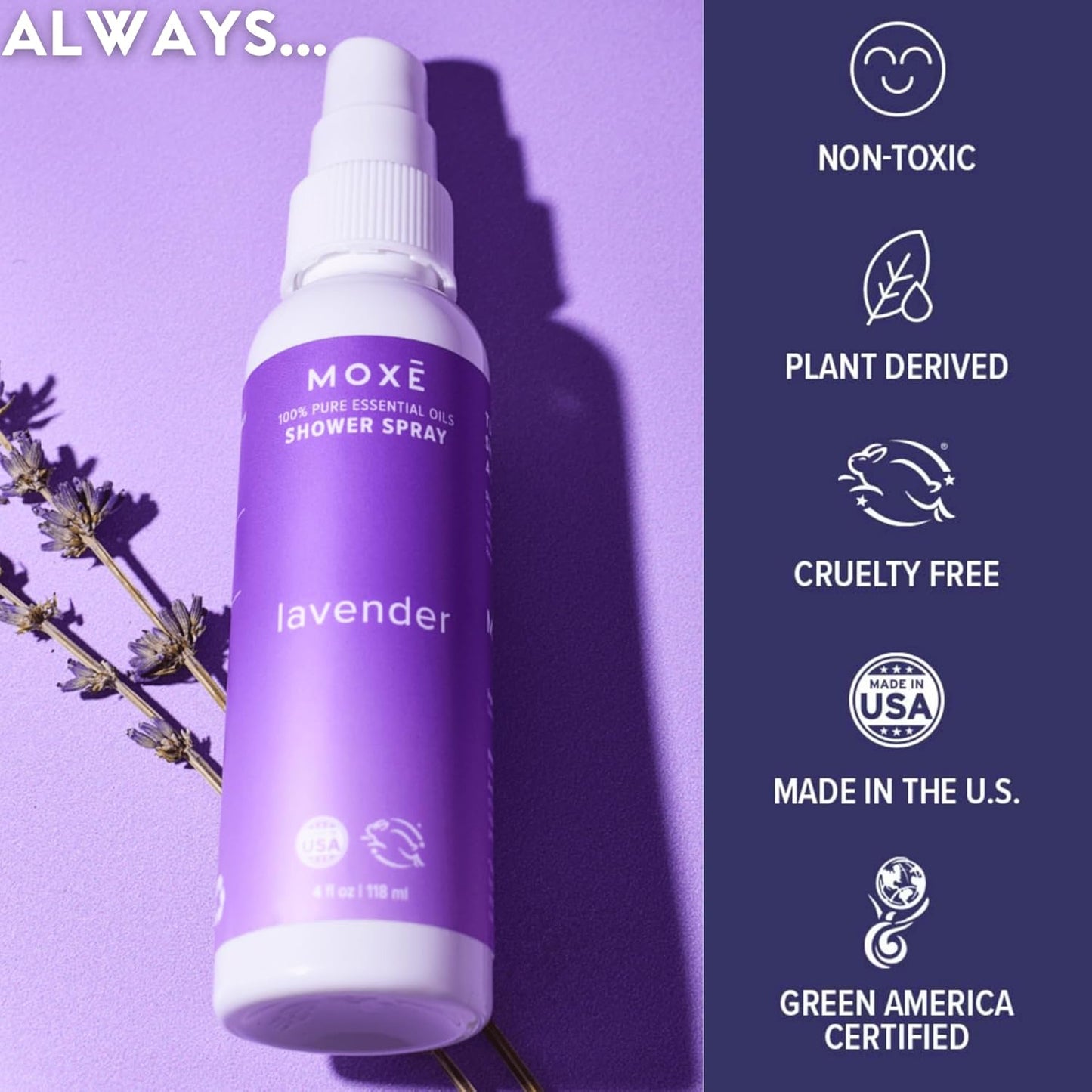 MOXE Lavender Oil Shower Mist, Spa Steam Spray, Certified Natural 100% Essential Oils, Made in USA, Aromatherapy, Tension Relief (4 FL Oz, Pack of 2)