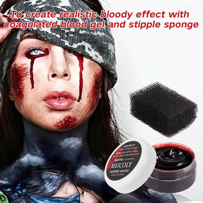 MEICOLY 7PCS Halloween Special Effects SFX Makeup Kit for Theatre Stage Performance,Scar Wax+Spatula Tool+Coagulated Blood+Black Stipple Sponges+White Sponges+Black Tooth Paint+Scar Wax Adhesive