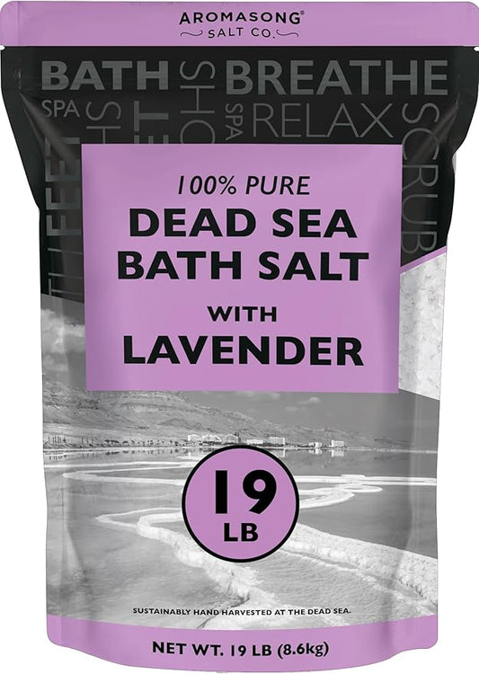 Aromasong Pure Dead Sea Salt for Soaking with 100% Natural Lavender, 19 LB - Spa Bath Salt Fine Grain - Body Wash Scrub - Soak for Women & Men- Bulk Resealable Pack