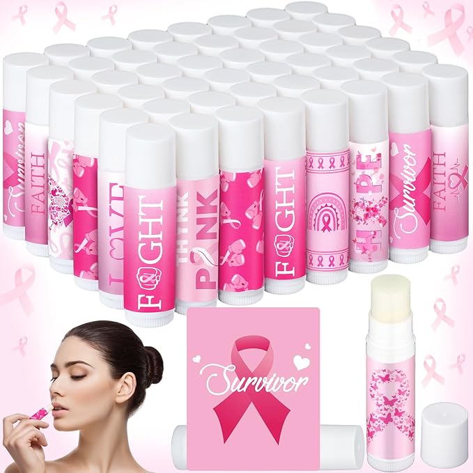 50 Pack Breast Cancer Awareness Favors Bulk Lip Balms Gifts Pink Ribbon Lip Balms Favors Breast Cancer Awareness Month Accessories Support Party Items Decorations for Women Men Survivors