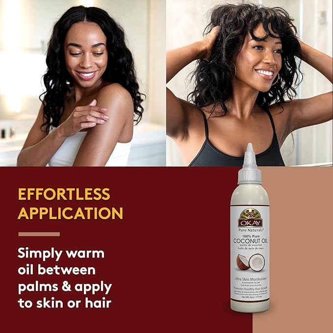 Okay 100% Pure Coconut Oil for Hair & Skin - Coconut Oil for Women & Men, Perfect for Body & Face, for Massage & Moisturizer, Natural - 6 Fl Oz Squeeze Bottle (Pack of 1)