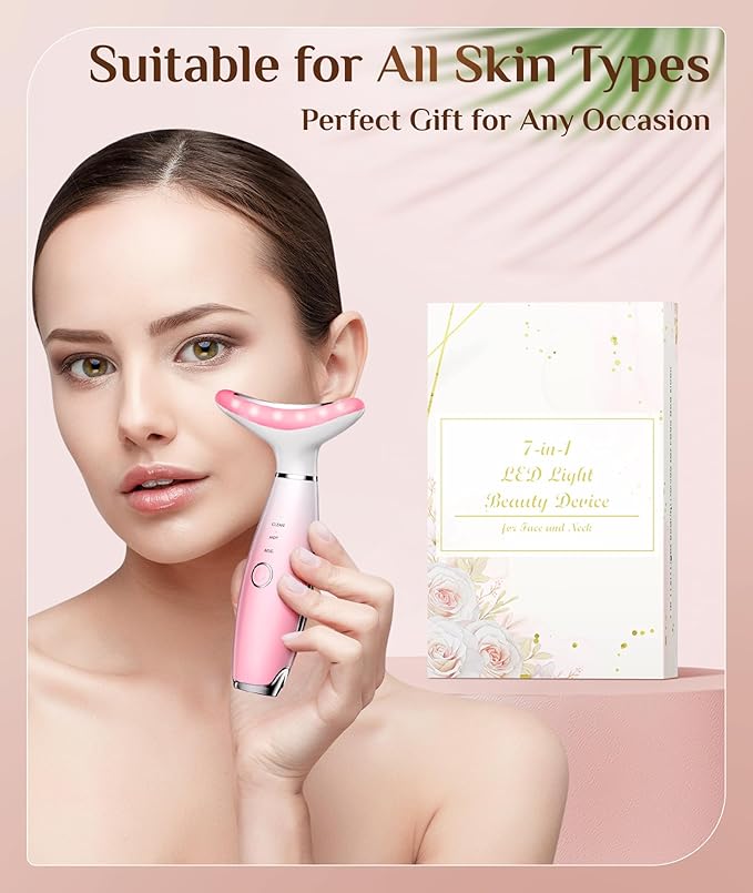 7 Color Galvanic Machines - Red Light Therapy for Face and Neck, Face Massager Tool for Wrinkles, Double Chin, Vibrating Facial Massager with Thermals, Pink