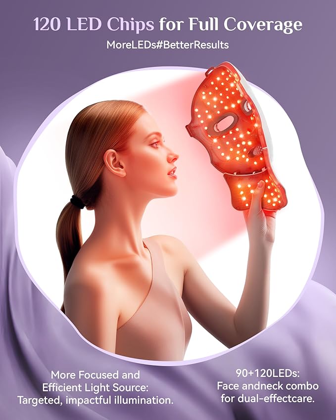 FOLOKE Red Light Therapy Mask for Face & Neck, LED Face Light Therapy,USB C Rechargeable,Infrared Mask for Home Working Travel Yoga