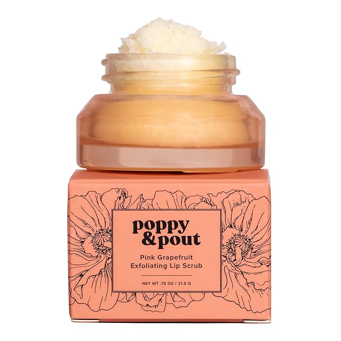 Poppy & Pout Natural Lip Scrub, Moisturizing Sugar Scrub for Dry Lips, Lip Scrubber Exfoliator with Essential Oils Smooths and Hydrates Lips, In Recyclable Glass Jars, Cruelty Free - Pink Grapefruit