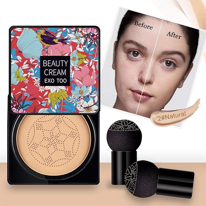 2PCS Mushroom Head Air Cushion CC Cream Foundation, Beauty Cream Exo Too BB Cream, Moisturizing, Long Lasting, Matte Concealer, Light Weight, WaterProof Liquid Foundation with 2PCS Mushroom Head