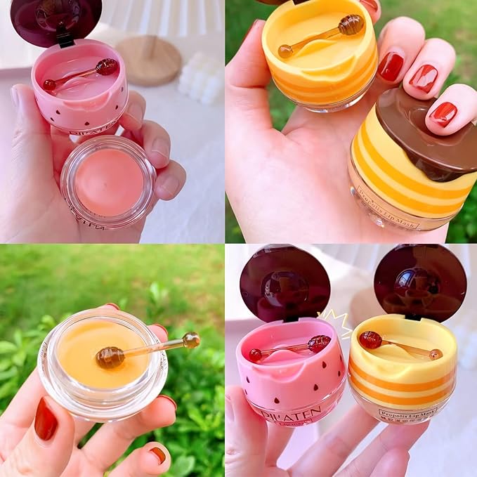 2Pcs Bee Lip Balm Honey Pot, Honey & Strawberry Lip Balm Moisturizing Lip Sleep Mask with Stick Hydrating & Prevention Dry and Cracked Lip Scrubs Exfoliator, Reduces Lip Lines