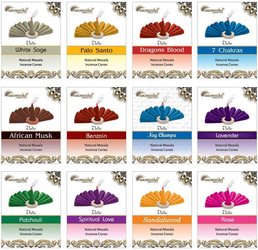 ARO VATIKA Vedic Natural Masala 120 Incense Cones in Pack of 12 Boxes |12 Assorted Fragrances Dhoop Cones | Best for Prayer, Reiki, Meditation and Relaxation | Burn time- 25 Mins