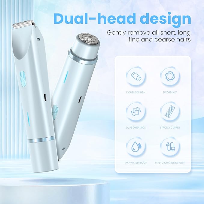 Bikini Trimmer for Women-2 in 1 Electric Razors for Women,USB Rechargeable Bikini Electric Shaver,IPX7 Waterproof Dry & Wet Use Body Hair Trimmer and Facial Hair Remover for Underarm Leg Body,Blue