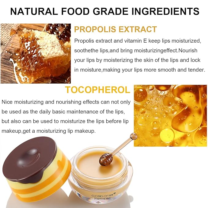 Bee Lip Balm Honey Pot, Strawberry & Honey Moisturizing Propolis Lip Mask, Hydrating & Prevention Dry and Cracked Lip Scrubs Exfoliator, Reduces Lip Lines (2Pcs Pink + 2Pcs Yellow)