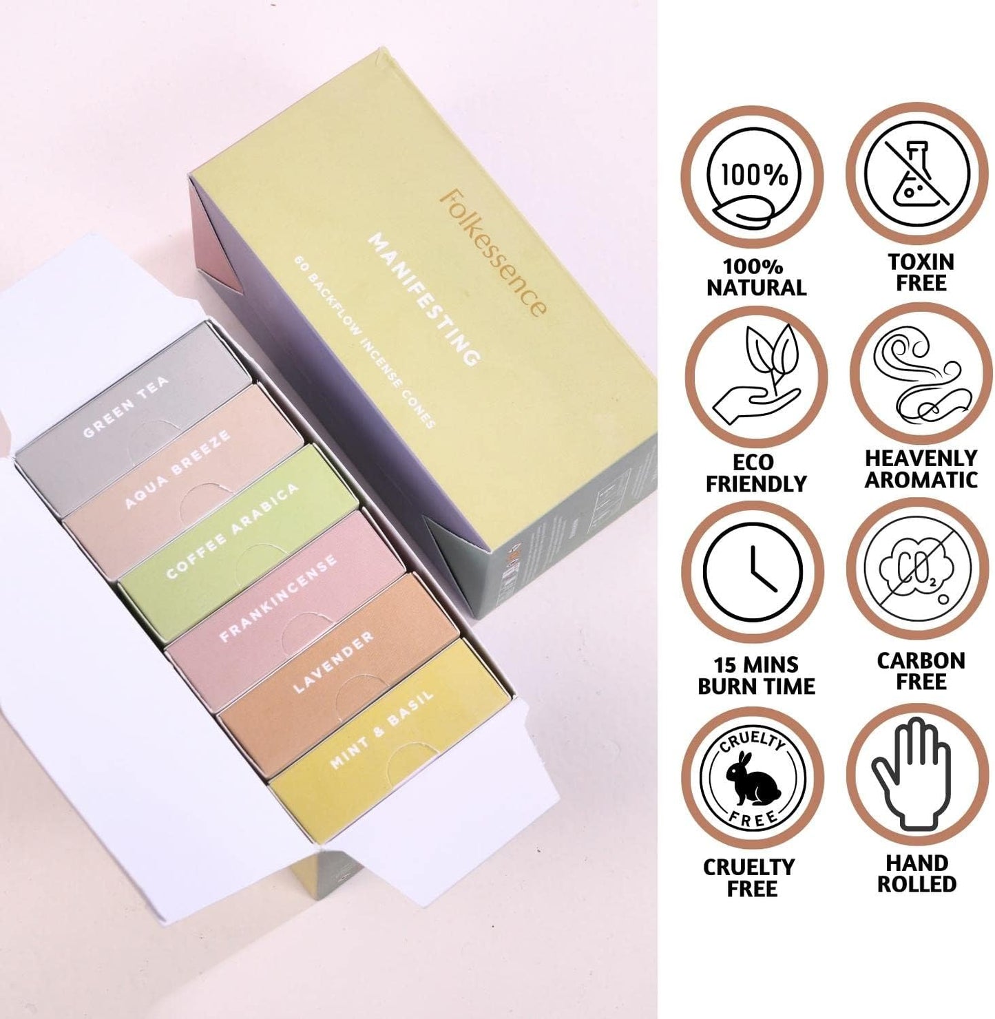 Folkulture Backflow Incense Cones for Waterfall | Set of 6 Waterfall Incense Cones for Gifts for Her | Aqua Breeze, Mint & Basil, Lavender, Green Tea Inscents-Cones (Manifesting)