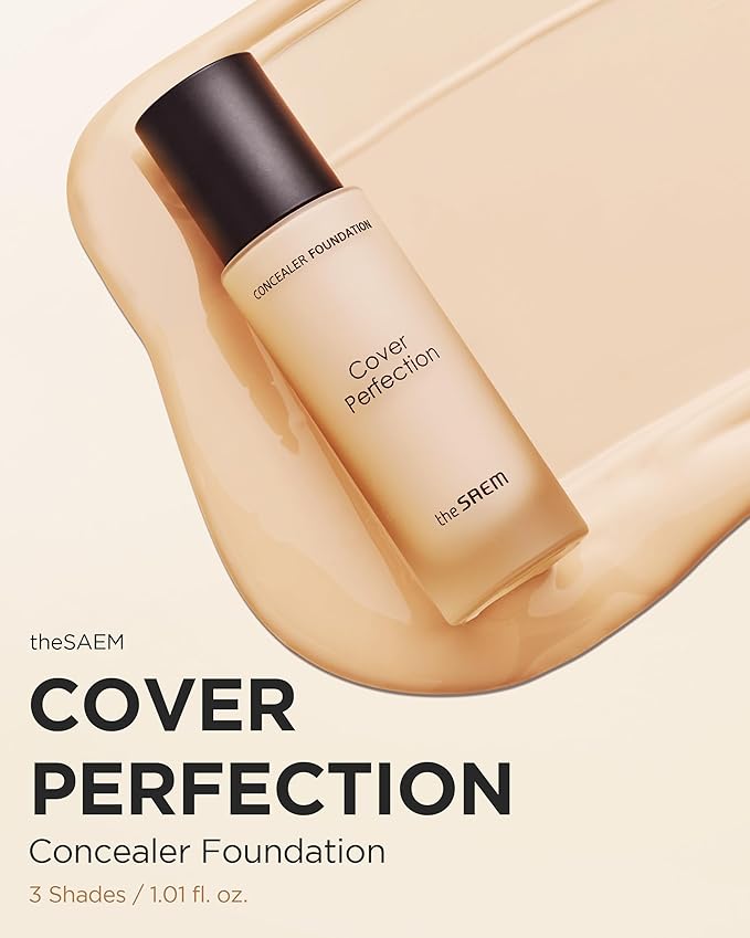 THESAEM Cover Perfection Concealer Foundation - 24H Coverage, Light Liquid Texture - Ideal for Oily, Combination Skin, Provides Semi-Matte, Smooth Finish, 1.01 fl.oz. (1.5 Natural Beige)