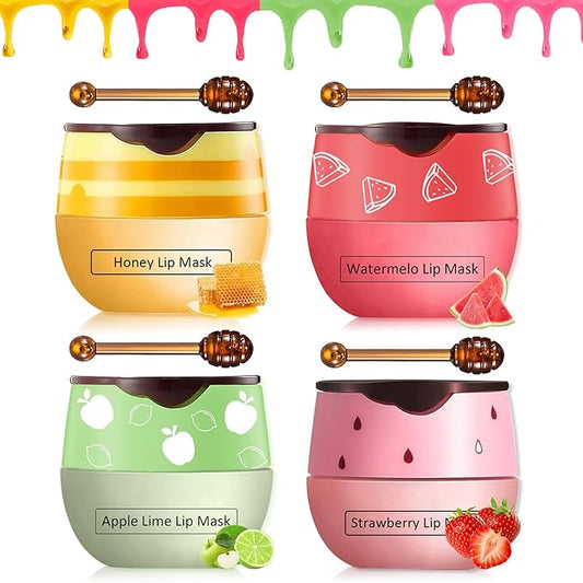 4 PCS Bee Lip Balm Lip Mask Honey Pot,Honey&Strawberry&Watermelon&Apple Lime Lip Sleeping Mask,Moisturizing Lip Mask Overnight Prevention Dry and Cracked Lip Scrubs Exfoliator Lip Care
