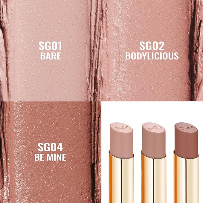 Oulac Nude Hydrating Lipstick Set For Women High Impact Lipcolor Tinted Lip Balm, Nourishing, Satin Finish, Moisturizing Creamy Formula, Vegan Clean Beauty Sensual Glow Rich Crème 01+02+04(SET 1)