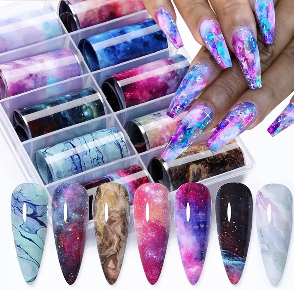 Marble Print Nail Art Foils Transfer Stickers 10PCS Marble Galaxy Pattern Nail Foils Adhesive Decals Nails Art Supplies Glossy Starry Sky Paper Transfer Slider for Women DIY Manicure Decorations