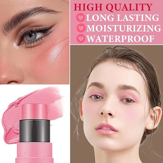 Cream Blush Stick,Blush Stick for Cheeks with Contour Brush,3-in-1 Long Lasting Waterproof Blush&Eye Shadow&Lip Gloss for Fair Skin Types（01 Milk Tea Pink）