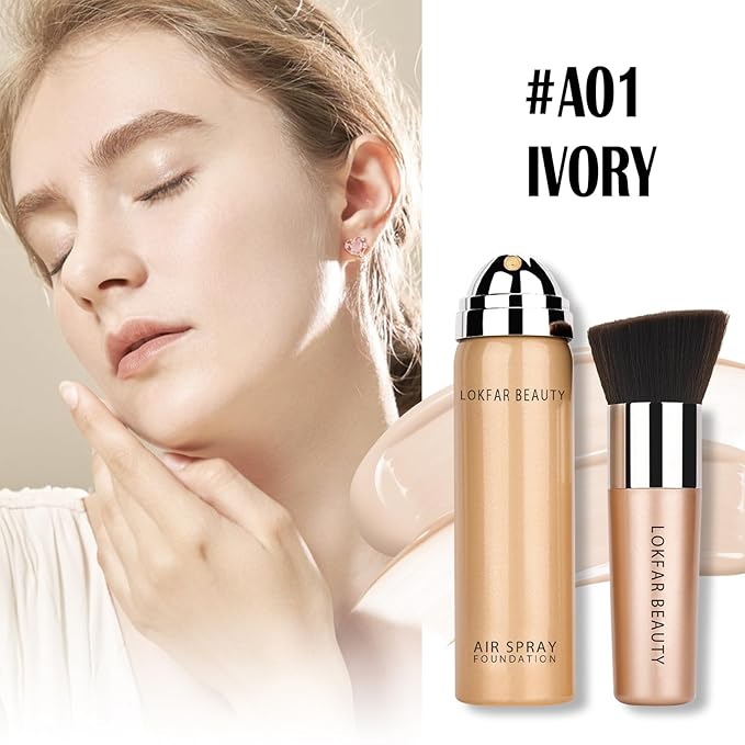 AirBrush Foundation Spray, Silky Mist Foundation Spray Makeup Set with Brush, Full Coverage Foundation for Smooth Radiant Finish, Formula Breathable Lightweight Hydrating | #A01 Ivory