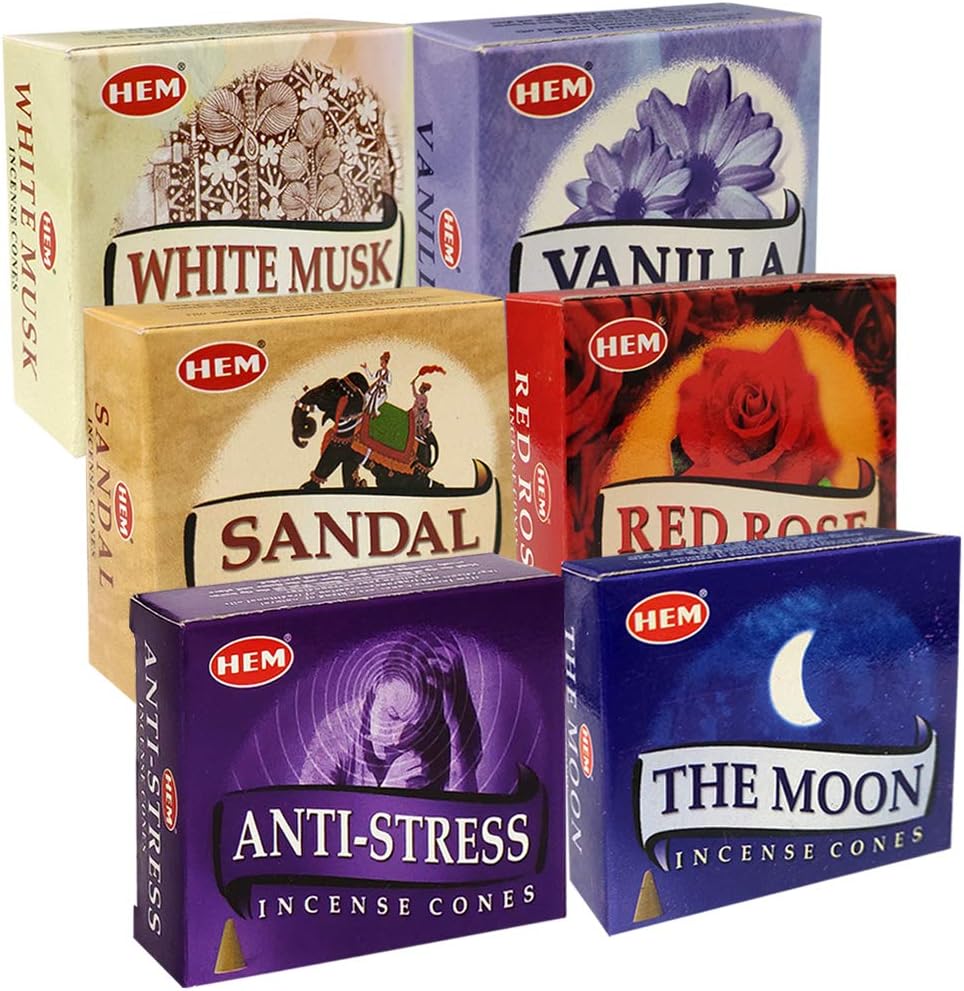 Hem Incense Cones Variety Pack #6 and Cone Incense Burner Bundle with 6 Most Admired Fragrances