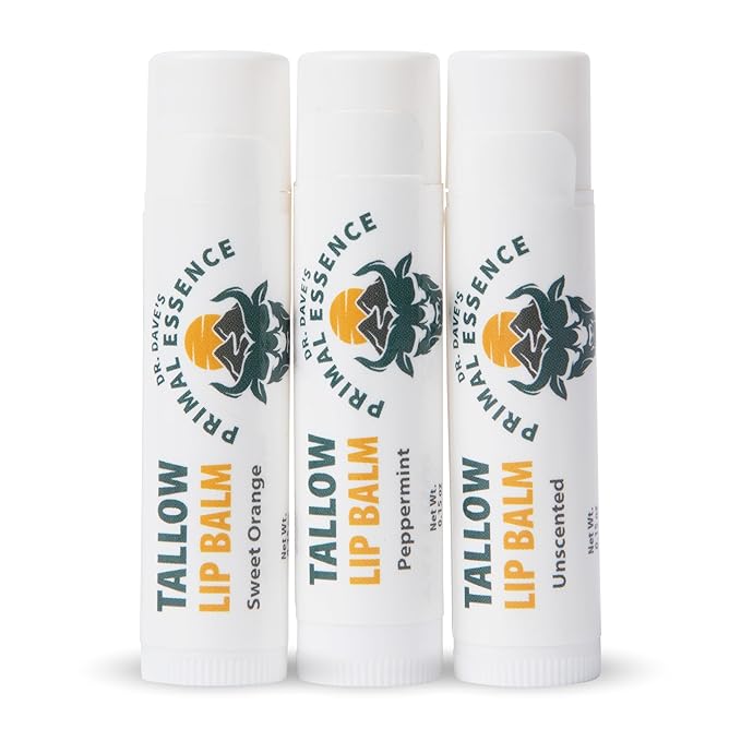 Moisturizing Tallow Lip Balm – Grass-Fed Beef Tallow with Organic Coconut Oil, Beeswax, and Vitamin E – Lip Balm Set – Variety Pack – Travel Essential – 3-Pack