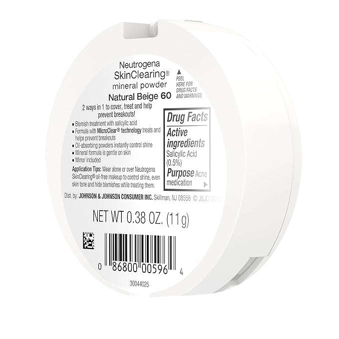 Neutrogena SkinClearing Mineral Acne-Concealing Pressed Powder Compact, Shine-Free & Oil-Absorbing Makeup with Salicylic Acid to Cover, Treat & Prevent Breakouts, Natural Beige 60,.38 oz (Pack of 2)