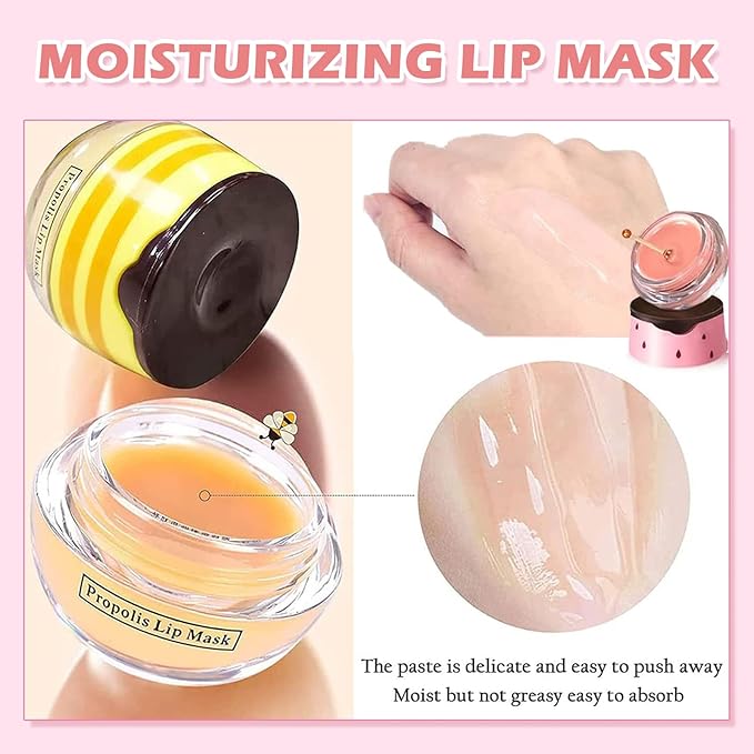2 PCS Bee Lip Balm Honey Pot,Watermelon&Strawberry Lip Sleeping Mask Hydrating Prevention Dry and Cracked Lip Scrubs Exfoliator Lip Care,Lip Mask Overnight Reduces Lip Lines