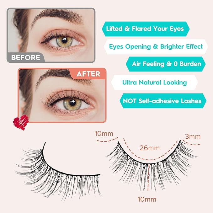 Natural Wispy Cat Eye Lashes - 3D Volume C Curl Eyelashes With Thin Band - 10mm Short Lashes - 7 Pairs