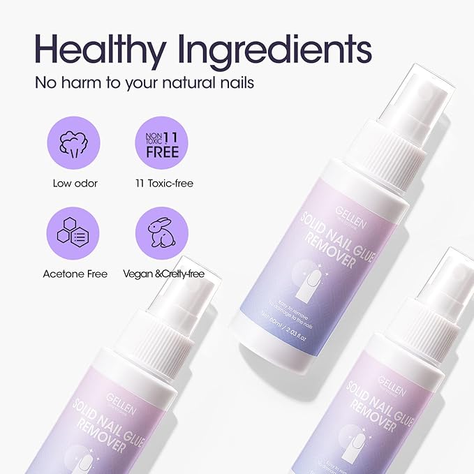 Gellen 2 Pack Solid Nail Glue Gel Remover 60ML Press On Nails Remover Glue Off Spray for False Acrylic Tips, with Stick, Acetone Free, Nail-friendly