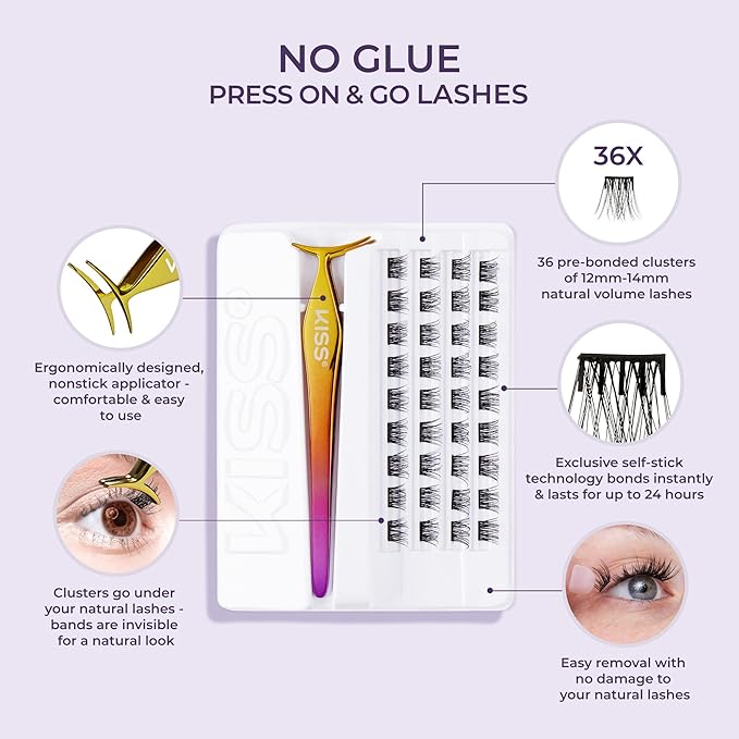 KISS imPRESS Falsies Press On Self Adhesive Eyelashes, 12mm-14mm Natural Volume Press On Lashes, Black, No Glue Needed, Invisible Band, 20 Lash Clusters & Non-Stick Applicator - Natural