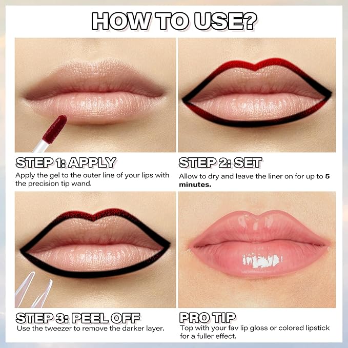 Cilrofelr Peel Off Lip Liner Stain, Long Wear Tattoo Lip Liner with Tweezer, Peel Off Lip Stain with Matte Finish, Long Lasting, Waterproof, Transfer-proof, Highly Pigmented Color (N-Nude Pink)