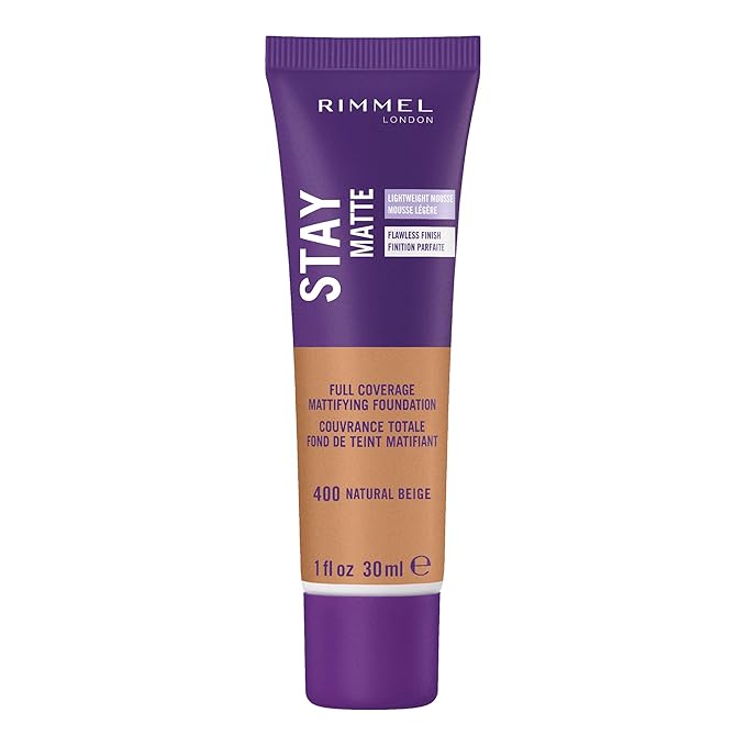 Rimmel London Stay Matte Liquid Mousse - 400 Natural Beige - Foundation, Lightweight, Shine Control, Oil-Free, 1oz