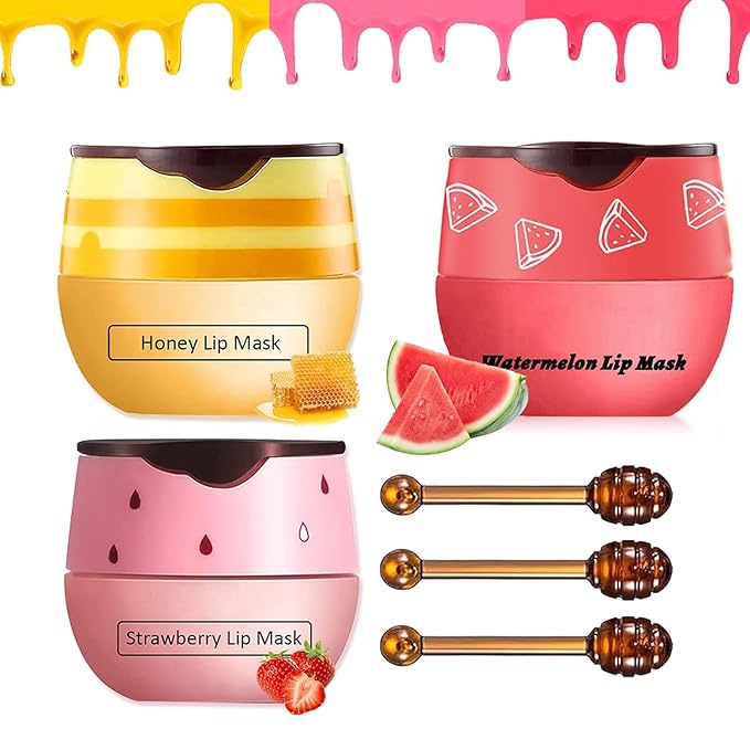 3PCS Lip Balm Honey Lip Balm, Honey Pot Lip Balm Sleeping Lip Mask with Brush, Hydrating & Prevention Dry and Cracked, Lip Scrubs Exfoliator & Moisturizer