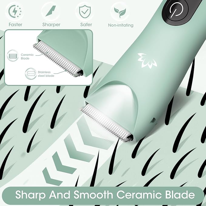 Bikini Trimmer for Women, Painless Pubic Hair Trimmer for Armpit Leg Arm Body Private Area,Rechargeable Womens Electric Razors Shaver LED Light Ceramic Blade IPX7 Waterproof Wet/Dry LCD Display,Green