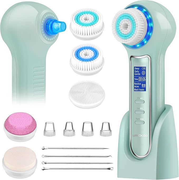 Face Scrubber Exfoliator,Facial Cleansing Brush Waterproof with LCD Screen,Blackhead Remover Vacuum with 5 Brush Heads,Face Spin Brush for Exfoliating (Green)