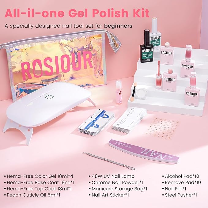 Jelly Gel Nail Polish Kit with U V Light, Hema-Free Milky Nude Sheer White Pink Gliter Gel Polish Set with Base & Top Coat Chrome Nail Powder, 4 Colors Mini Salon Nail Art Starter Gift for Women Girl