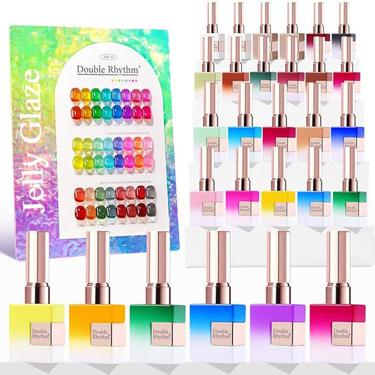 Double Rhythm 28Pcs 0.5Oz Gel Nail Polish Set Same Color Same Bottle Soak Off Gel Polish Kit Nail Art Manicure Salon DIY at Home for Women (Neon Jelly Sheer Collection-T24-11)