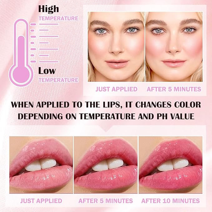 Color Changing Blush,Glitter Color Changing Blusher for Cheeks,Waterproof Lightweight Ph Blush Glossy Makeup,Moisturizing Long Lasting Multi Use Shiny Cheek Face Blush Gel for Women