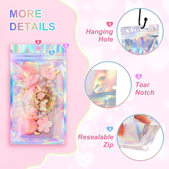 ANZNKU 100 Pack Mylar Bags Reasealable Holographic Bags, Smell Proof Bag Zipper Pouches with Clear Window, Jewelry Candy Sealable Bag for Packaging Sample Party Favor(7.1 x 10.2 Inch)